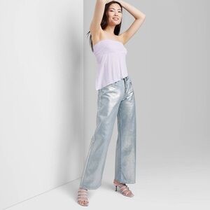 NWT Wild Fable Women's High-Rise Wide Leg Coated Baggy Jeans Silver Metallic